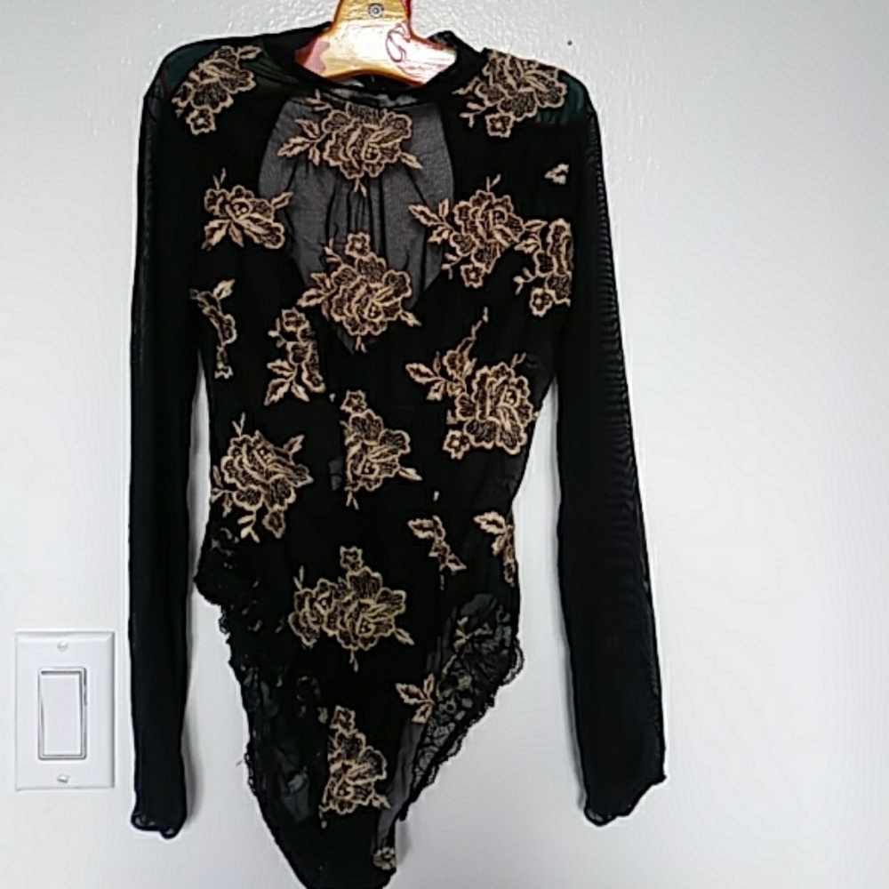 AUBADE BLACK AND GOLD SEMI SHEER BODYSUIT, S